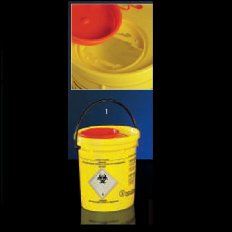 Контейнер біобезпеки, 1.5 л, циліндричний жовтий, ПЕ, з жовтою ПЕ кришкою, в якій є люк з демонтажним профілем, для збору та утилізації відходів